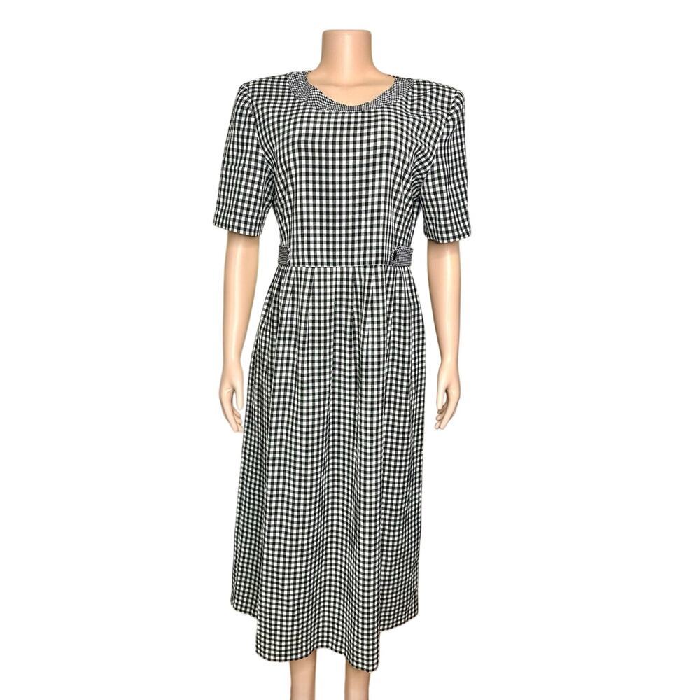 Vintage Kathie Lee Collection Women’s Belted Gingham Dress Size 10 Gray